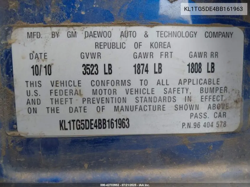 2011 Chevrolet Aveo 2Lt VIN: KL1TG5DE4BB161963 Lot: 42703952