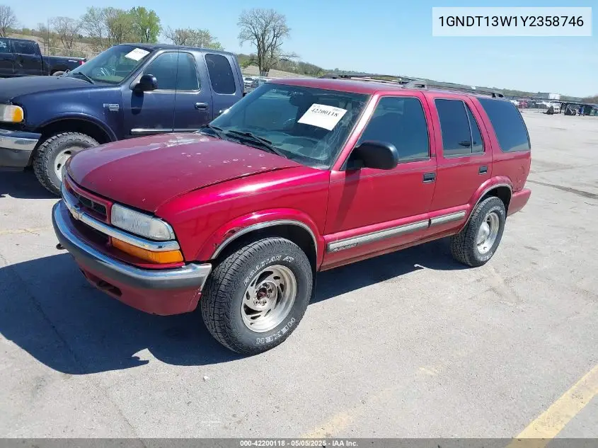 2000 Chevrolet Blazer Lt VIN: 1GNDT13W1Y2358746 Lot: 42200118