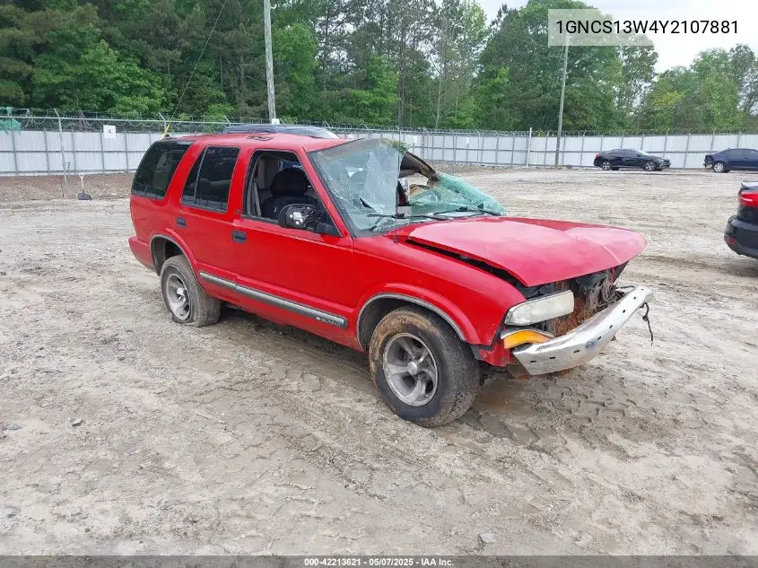 2000 Chevrolet Blazer Lt VIN: 1GNCS13W4Y2107881 Lot: 42213621