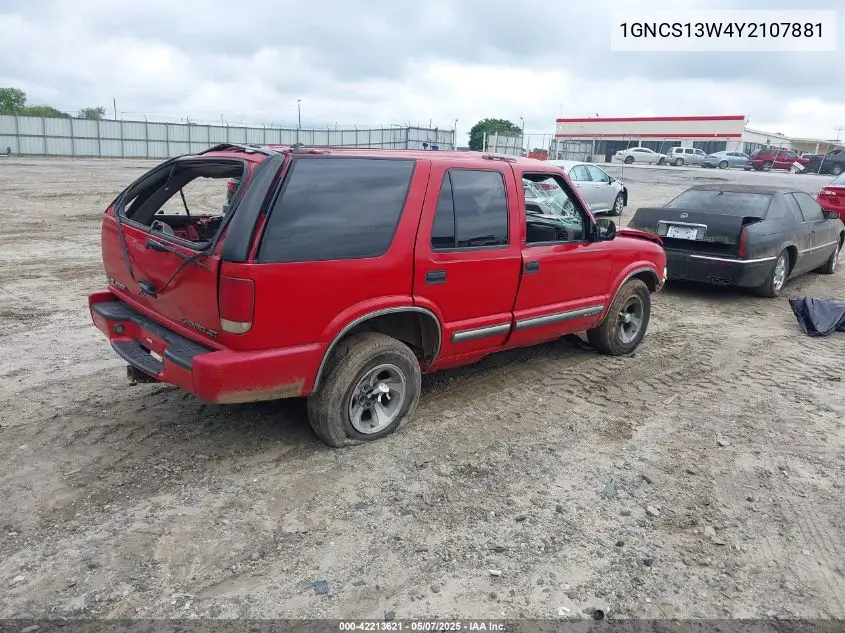 2000 Chevrolet Blazer Lt VIN: 1GNCS13W4Y2107881 Lot: 42213621