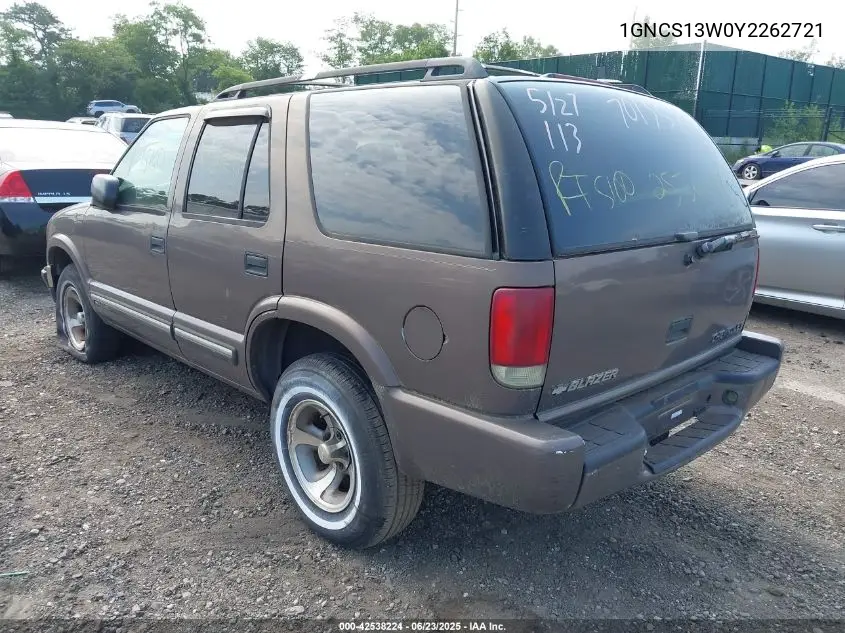 2000 Chevrolet Blazer Ls VIN: 1GNCS13W0Y2262721 Lot: 42538224