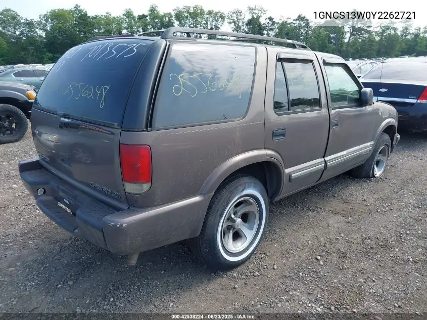 2000 Chevrolet Blazer Ls VIN: 1GNCS13W0Y2262721 Lot: 42538224