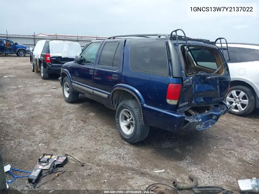 2000 Chevrolet Blazer Lt VIN: 1GNCS13W7Y2137022 Lot: 42617093