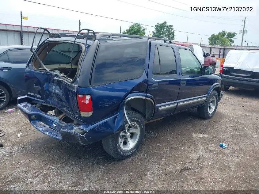2000 Chevrolet Blazer Lt VIN: 1GNCS13W7Y2137022 Lot: 42617093