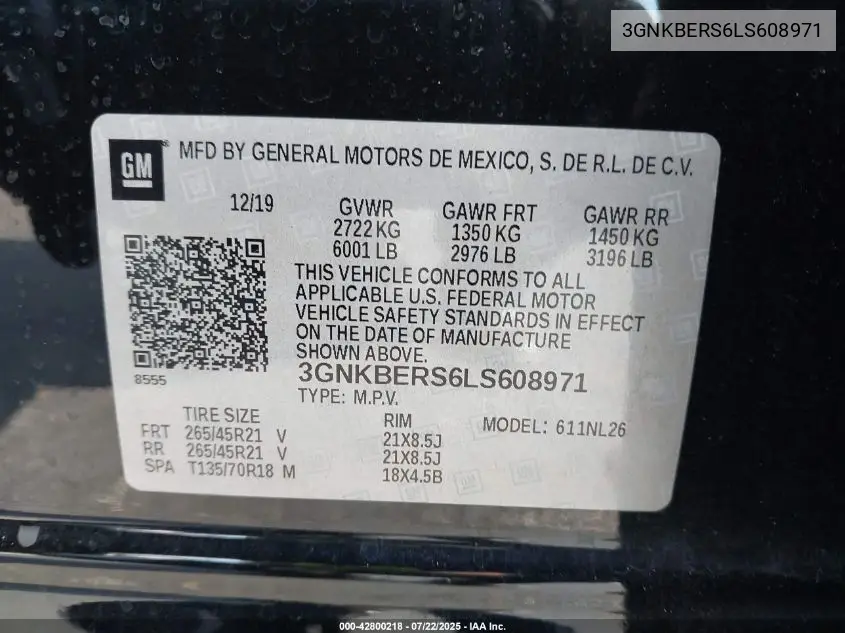 2020 Chevrolet Blazer Fwd Rs VIN: 3GNKBERS6LS608971 Lot: 42800218