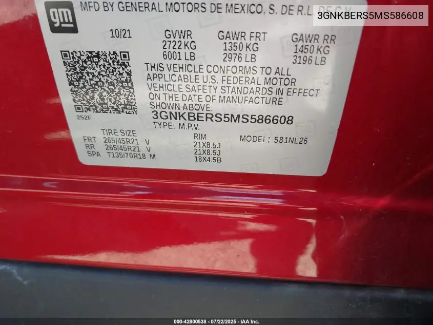 2021 Chevrolet Blazer Rs VIN: 3GNKBERS5MS586608 Lot: 42800538