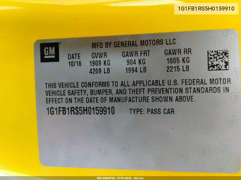 2017 Chevrolet Camaro Lt VIN: 1G1FB1RS5H0159910 Lot: 42648704