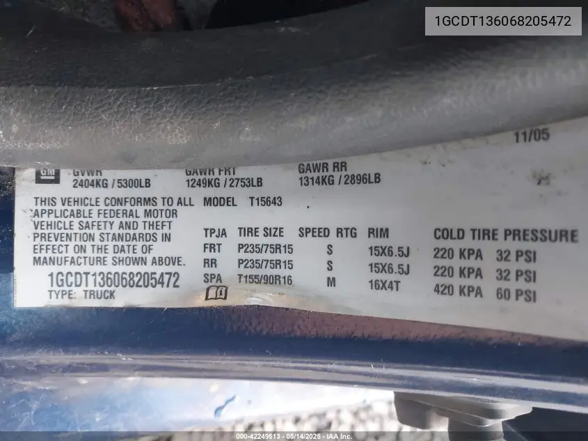 1gcdt136068205472 1GCDT136068205472 2006 Chevrolet Colorado Lt