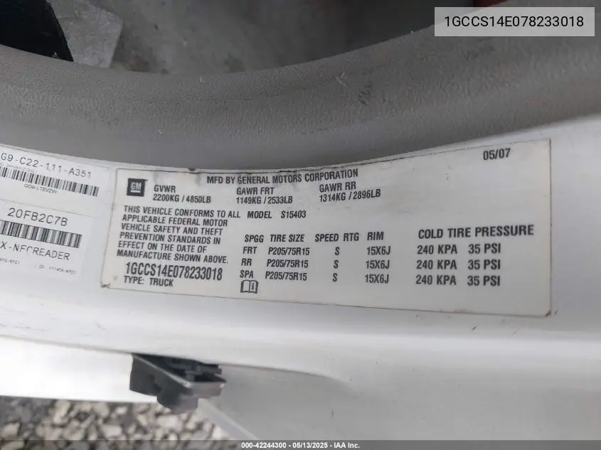 2007 Chevrolet Colorado Work Truck VIN: 1GCCS14E078233018 Lot: 42244300