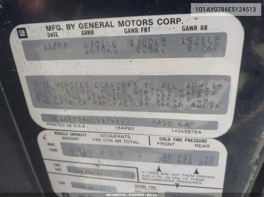 1984 Chevrolet Corvette VIN: 1G1AY0786E5124513 Lot: 42603154