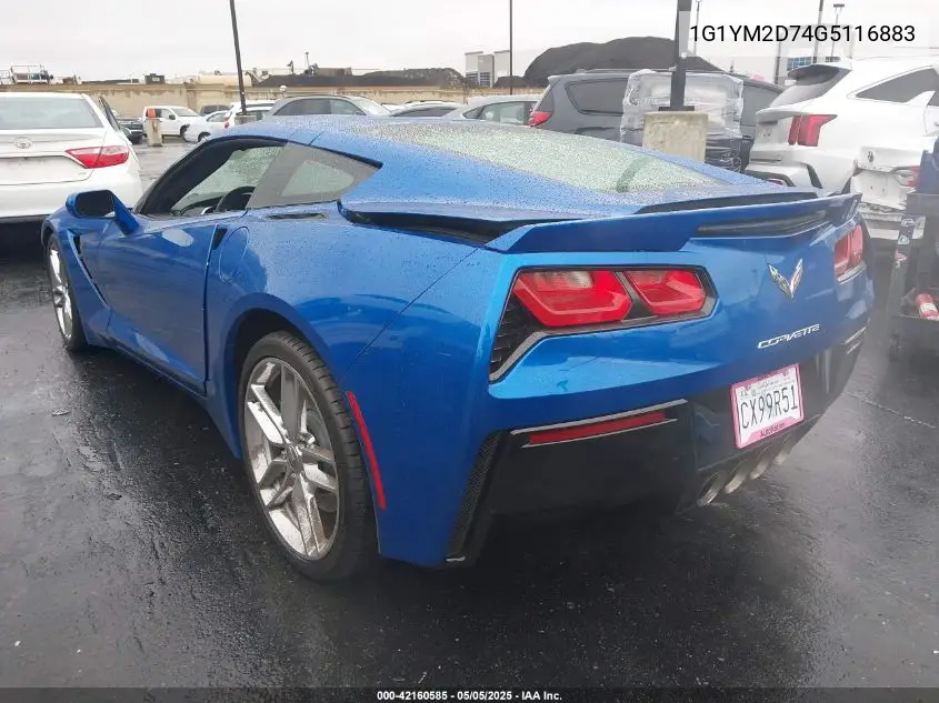 2016 Chevrolet Corvette Stingray Z51 VIN: 1G1YM2D74G5116883 Lot: 42160585