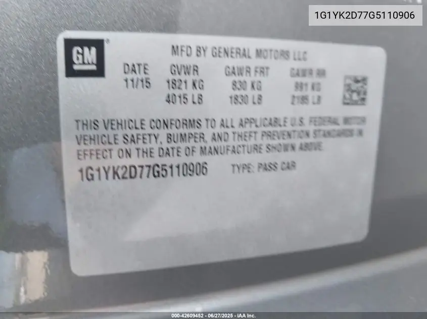 2016 Chevrolet Corvette Stingray Z51 VIN: 1G1YK2D77G5110906 Lot: 42609452