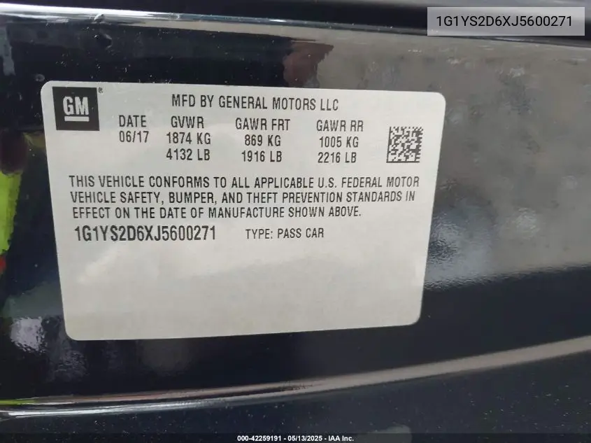 2018 Chevrolet Corvette Z06 VIN: 1G1YS2D6XJ5600271 Lot: 42259191