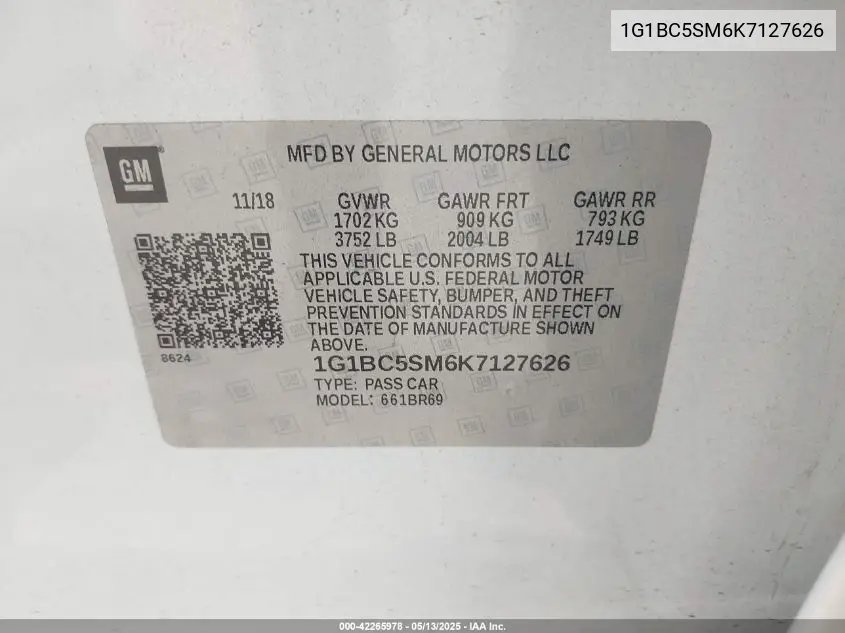 2019 Chevrolet Cruze Ls VIN: 1G1BC5SM6K7127626 Lot: 42265978