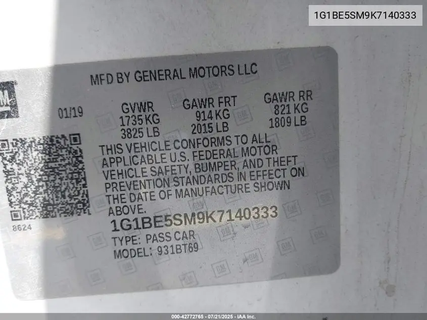 2019 Chevrolet Cruze Lt VIN: 1G1BE5SM9K7140333 Lot: 42772765