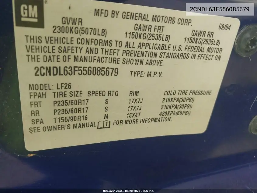 2005 Chevrolet Equinox Lt VIN: 2CNDL63F556085679 Lot: 42517044