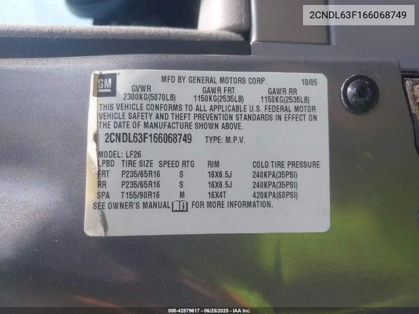 2006 Chevrolet Equinox Lt VIN: 2CNDL63F166068749 Lot: 42579617