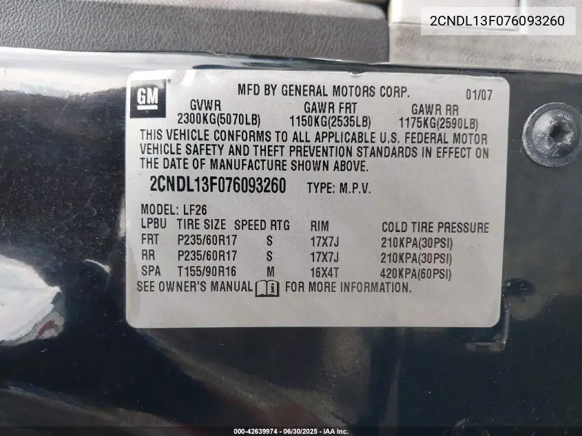 2007 Chevrolet Equinox Ls VIN: 2CNDL13F076093260 Lot: 42639974