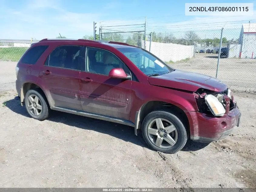 2008 Chevrolet Equinox Lt VIN: 2CNDL43F086001115 Lot: 42220529