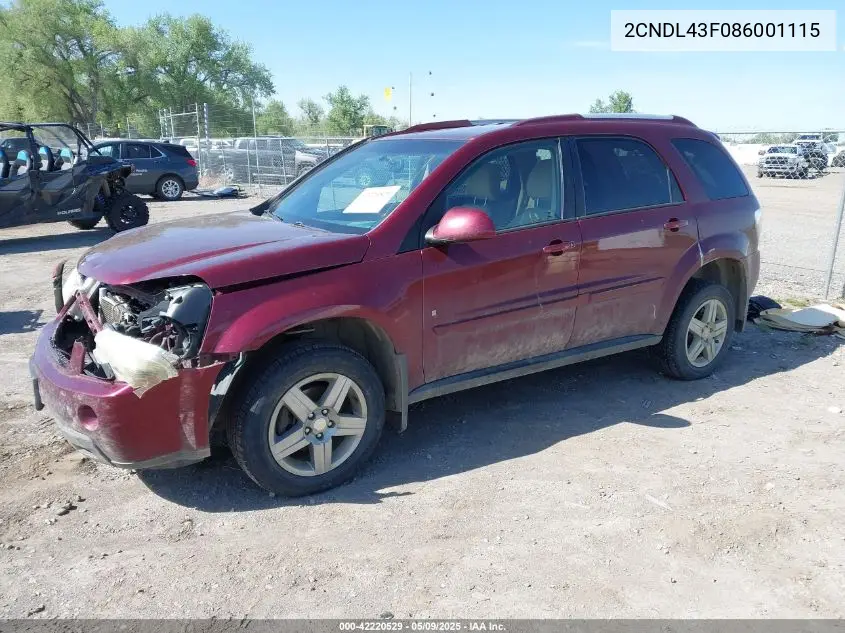 2008 Chevrolet Equinox Lt VIN: 2CNDL43F086001115 Lot: 42220529