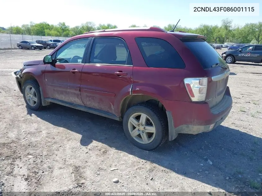 2008 Chevrolet Equinox Lt VIN: 2CNDL43F086001115 Lot: 42220529