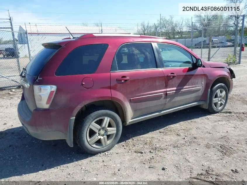 2008 Chevrolet Equinox Lt VIN: 2CNDL43F086001115 Lot: 42220529