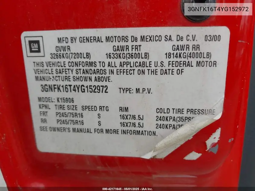2000 Chevrolet Suburban 1500 Ls VIN: 3GNFK16T4YG152972 Lot: 42171645