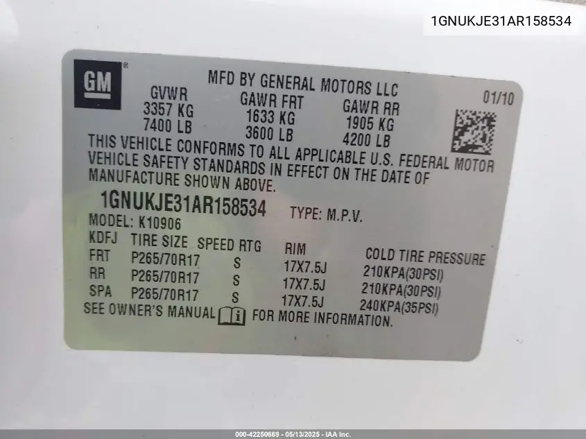 2010 Chevrolet Suburban 1500 Lt1 VIN: 1GNUKJE31AR158534 Lot: 42250669