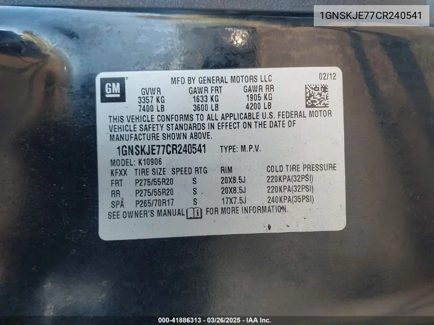 2012 Chevrolet Suburban 1500 Lt VIN: 1GNSKJE77CR240541 Lot: 41886313