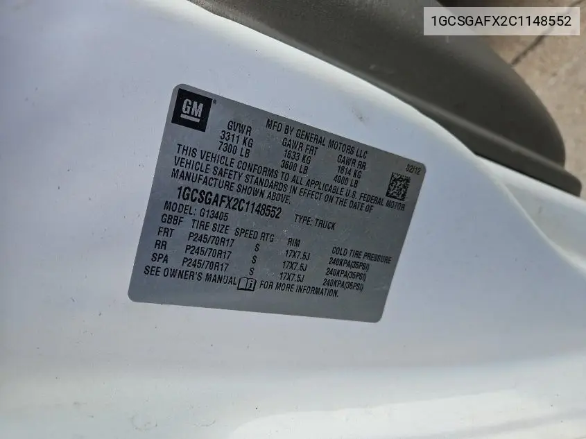2012 Chevrolet Express G1500 VIN: 1GCSGAFX2C1148552 Lot: 42269567