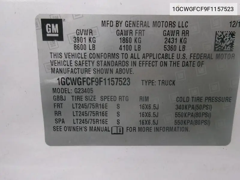 1gcwgfcf9f1157523 1GCWGFCF9F1157523 2015 Chevrolet Express 2500 Work Van