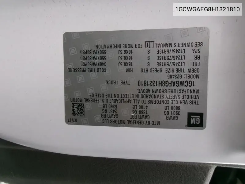 2017 Chevrolet Express G2500 VIN: 1GCWGAFG8H1321810 Lot: 42271876