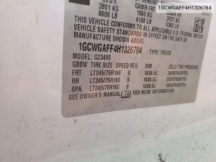 2017 Chevrolet Express G2500 VIN: 1GCWGAFF4H1326784 Lot: 42626469