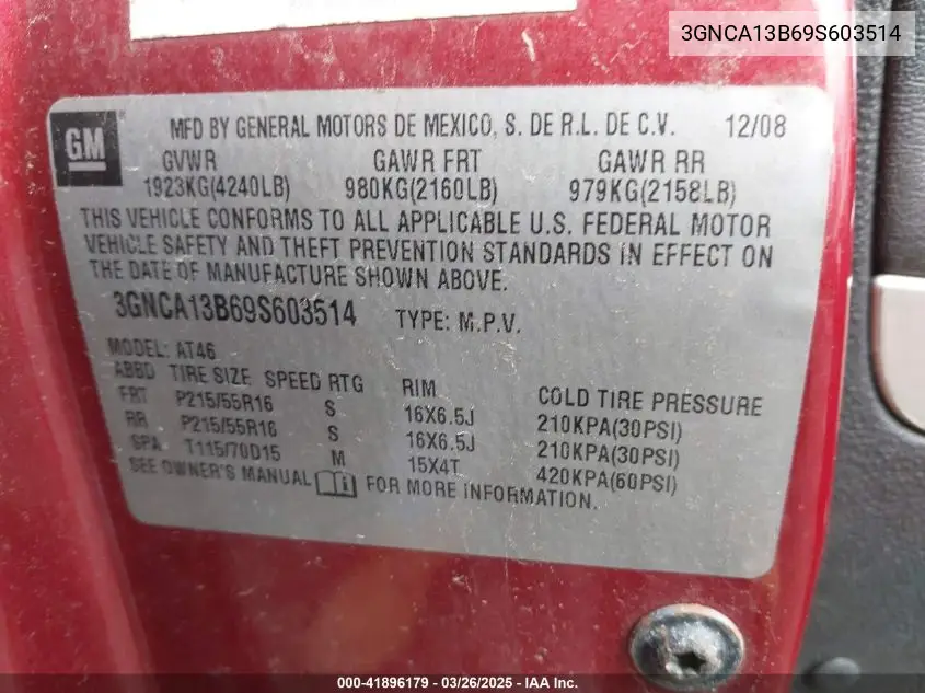 2009 Chevrolet Hhr Ls VIN: 3GNCA13B69S603514 Lot: 41896179