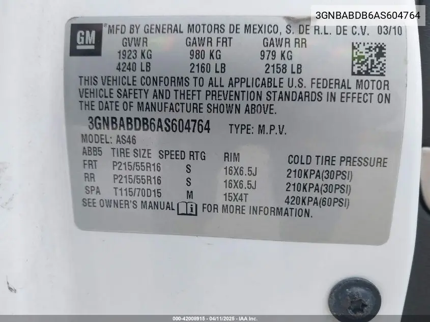 2010 Chevrolet Hhr Lt VIN: 3GNBABDB6AS604764 Lot: 42008915
