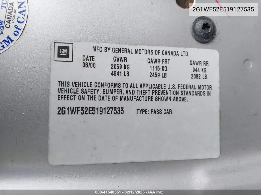 2001 Chevrolet Impala VIN: 2G1WF52E519127535 Lot: 41548551