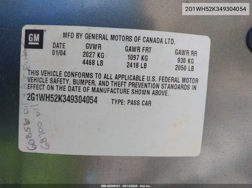 2004 Chevrolet Impala Ls VIN: 2G1WH52K349304054 Lot: 42249101