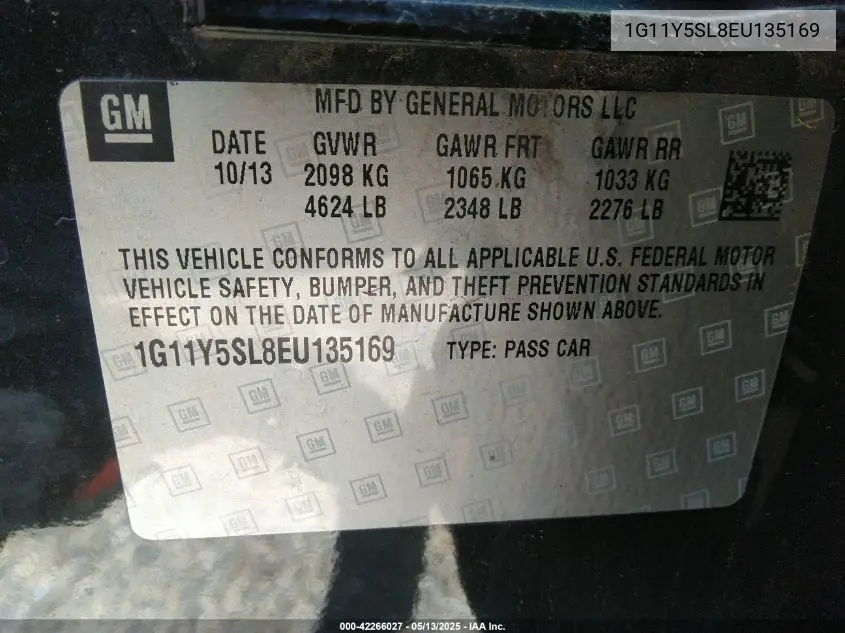 2014 Chevrolet Impala 1Ls VIN: 1G11Y5SL8EU135169 Lot: 42266027