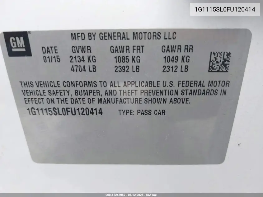 2015 Chevrolet Impala 1Lt VIN: 1G1115SL0FU120414 Lot: 42247952