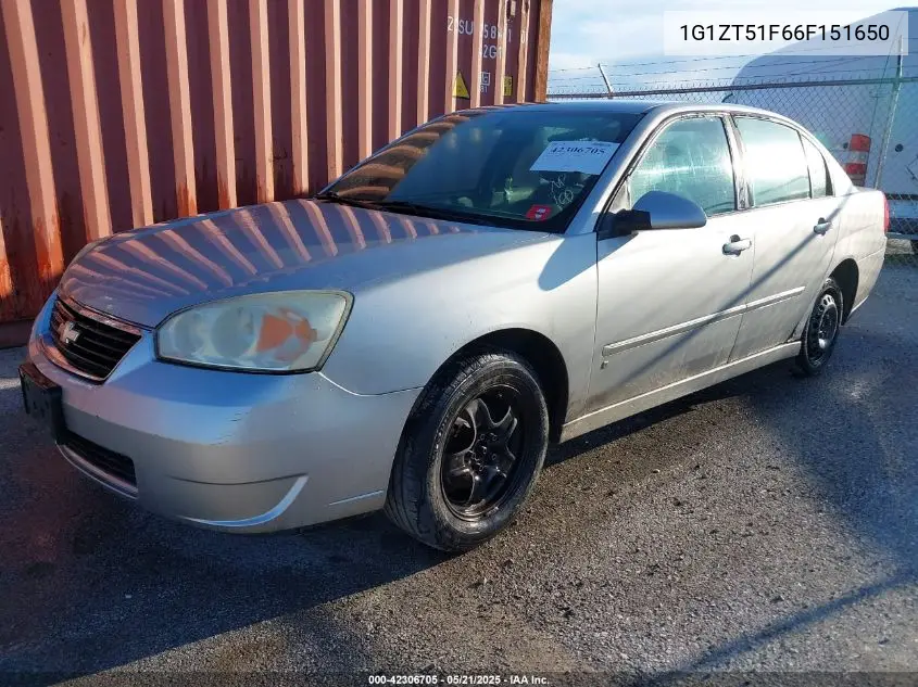 2006 Chevrolet Malibu Lt VIN: 1G1ZT51F66F151650 Lot: 42306705