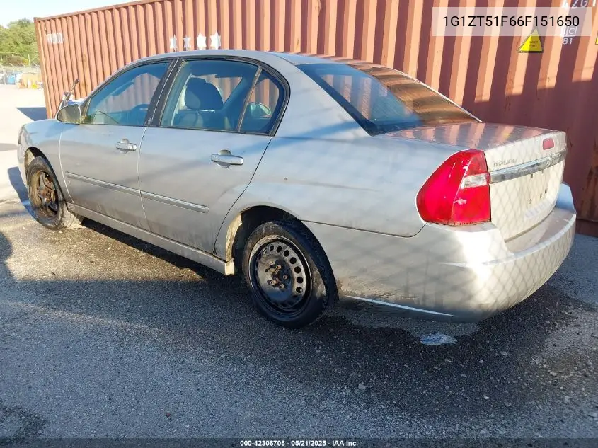 2006 Chevrolet Malibu Lt VIN: 1G1ZT51F66F151650 Lot: 42306705
