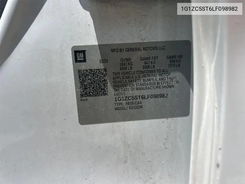 2020 Chevrolet Malibu Fwd 1Fl VIN: 1G1ZC5ST6LF098982 Lot: 42832732