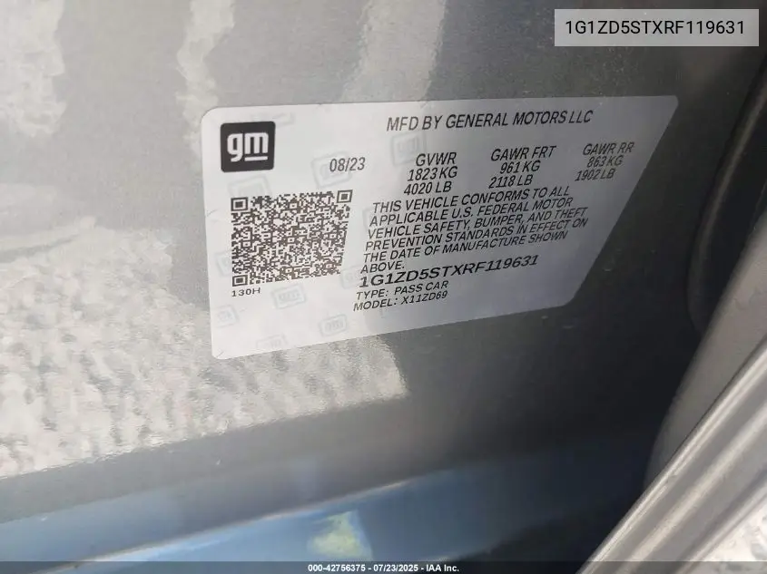 2024 Chevrolet Malibu Fwd 1Lt VIN: 1G1ZD5STXRF119631 Lot: 42756375