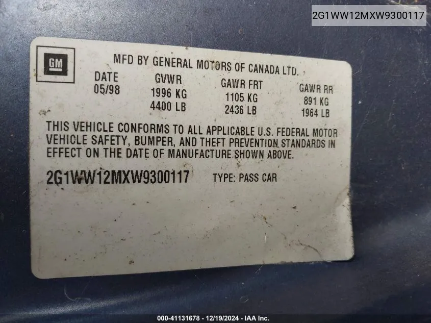 1998 Chevrolet Monte Carlo Ls VIN: 2G1WW12MXW9300117 Lot: 41131678