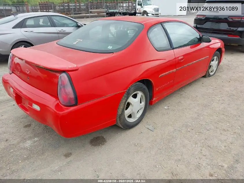 2000 Chevrolet Monte Carlo Ss VIN: 2G1WX12K8Y9361089 Lot: 42206155