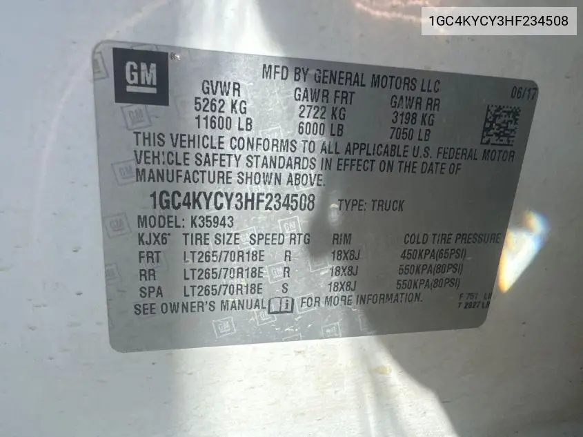 2017 Chevrolet Silverado K3500 VIN: 1GC4KYCY3HF234508 Lot: 42632700