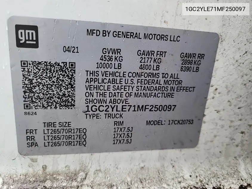 2021 Chevrolet Silverado K2500 Heavy Duty VIN: 1GC2YLE71MF250097 Lot: 42272273