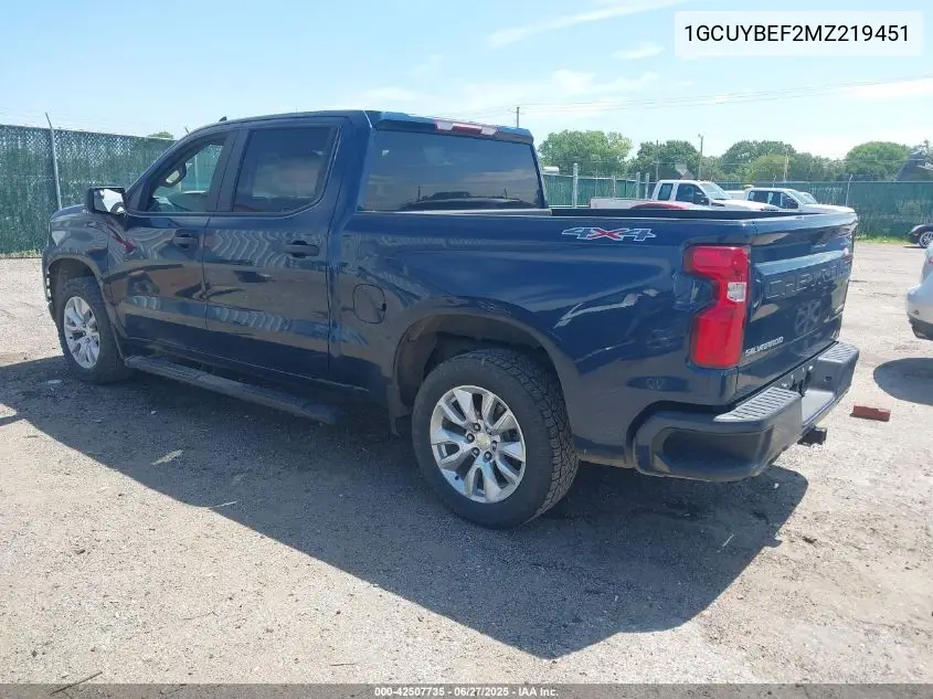 2021 Chevrolet Silverado 1500 4Wd Short Bed Custom VIN: 1GCUYBEF2MZ219451 Lot: 42507735