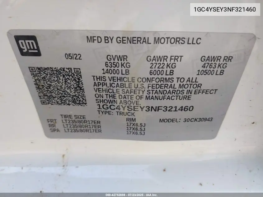 2022 Chevrolet Silverado 3500Hd 4Wd Long Bed Wt VIN: 1GC4YSEY3NF321460 Lot: 42752086