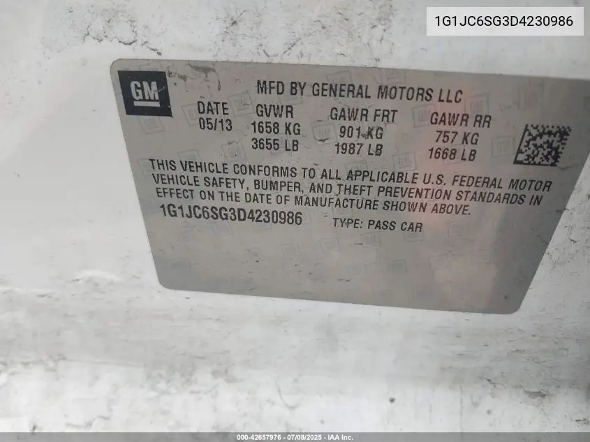 2013 Chevrolet Sonic Lt Auto VIN: 1G1JC6SG3D4230986 Lot: 42657976